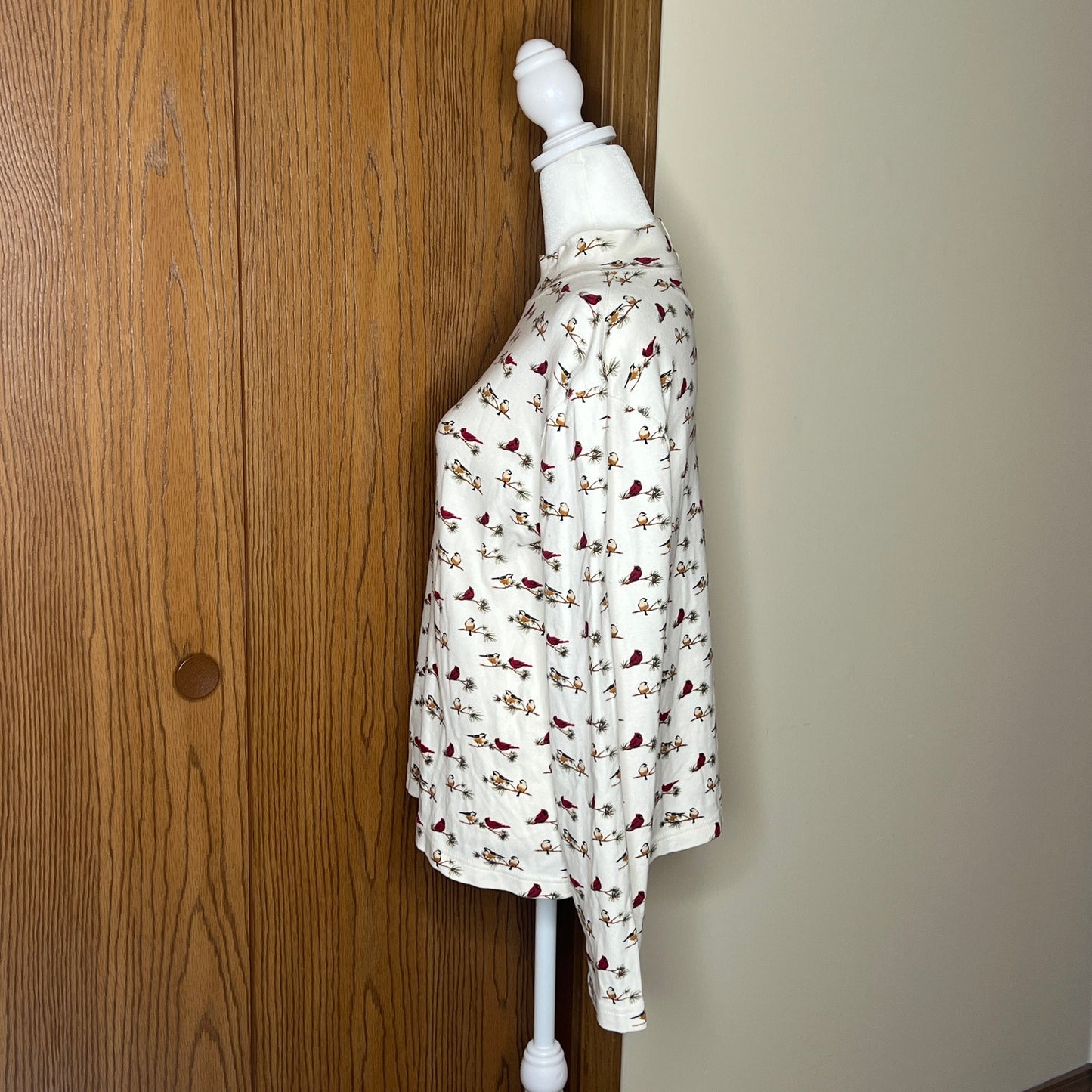 Croft & Barrow Bird Print Mock Neck Long Sleeve XL White Multi-color Christmas Holiday Nature