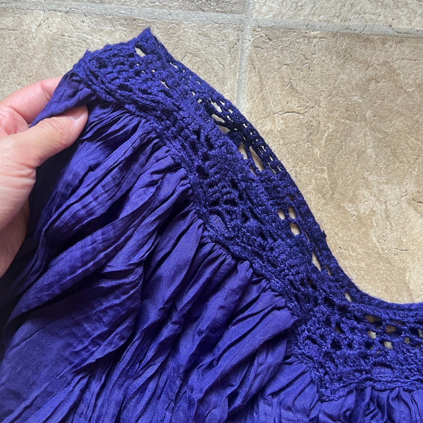 Vintage Bobbie Brooks Maxi Dress 3XL 22W Indigo Purple Crochet Neckline Crinkle Flowy