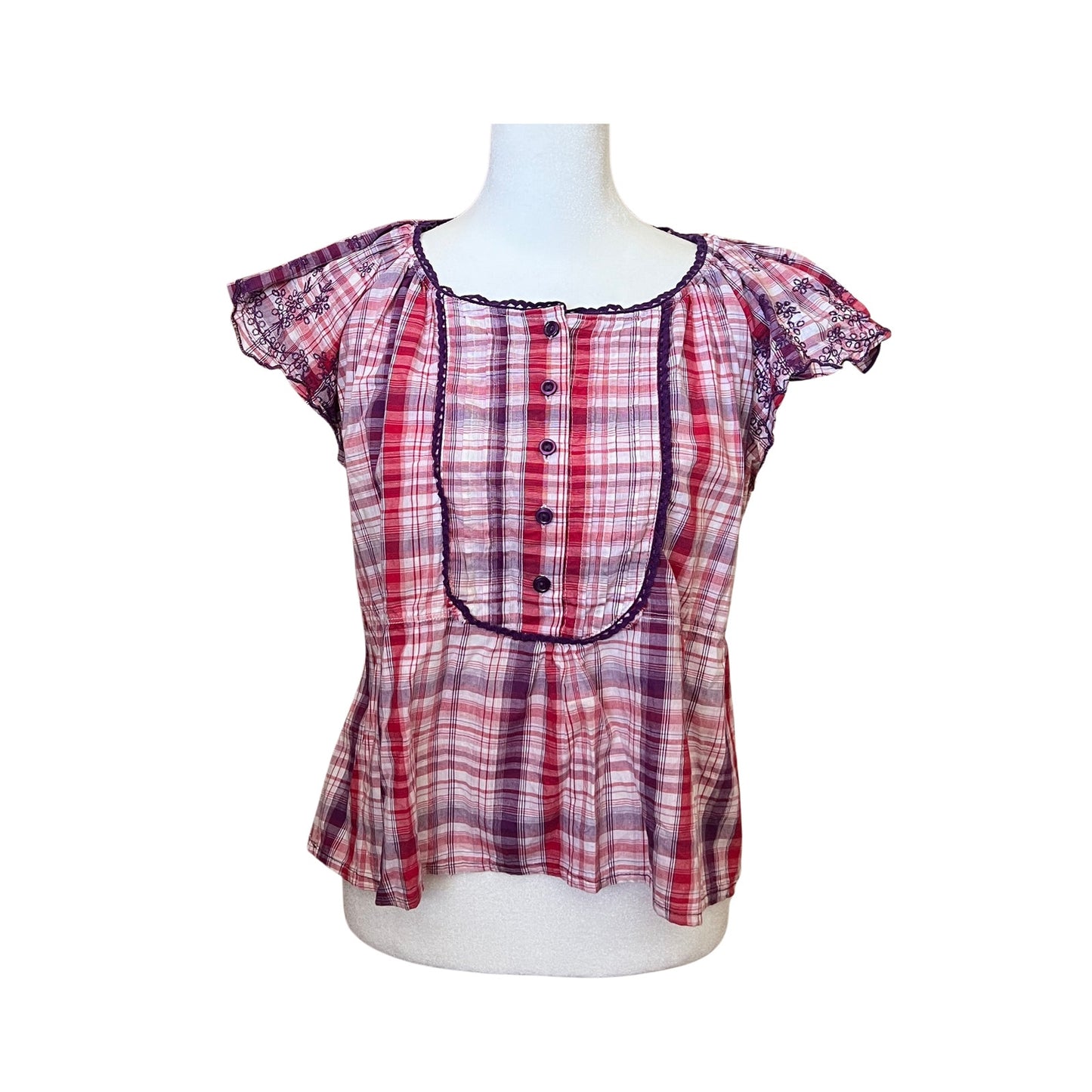 Vtg Y2K Fashion Bug Plaid Top Size 1X Embroidered Feminine Preppy Twee Romantic