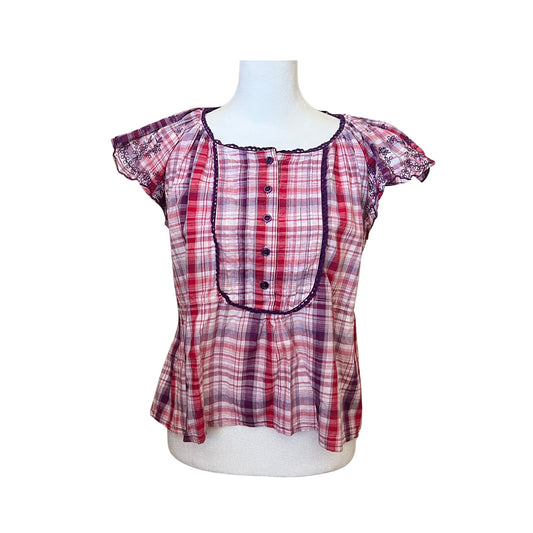 Vtg Y2K Fashion Bug Plaid Top Size 1X Embroidered Feminine Preppy Twee Romantic