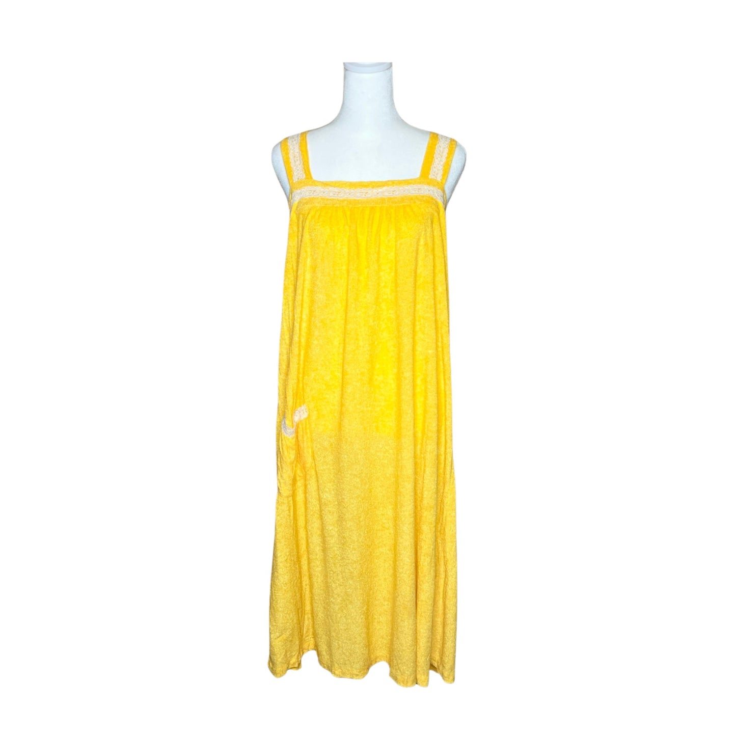 Vtg 70s JCPenney Terrycloth Lounge Dress M Yellow Lace Boho Mod Resort Summer