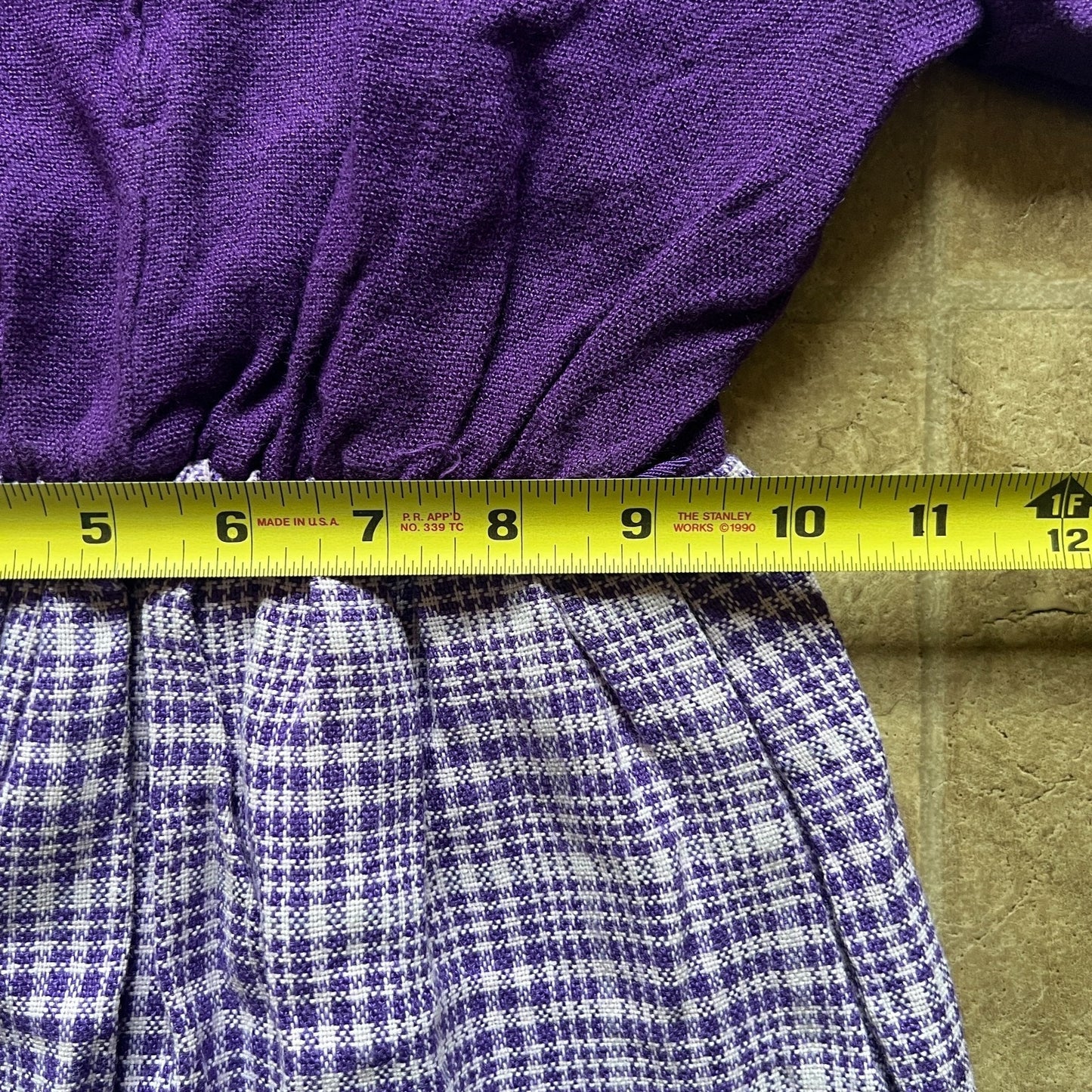 Vintage 70s Girls Purple Plaid Swing Dress Knit Pointed Collar Mod Preppy Academia