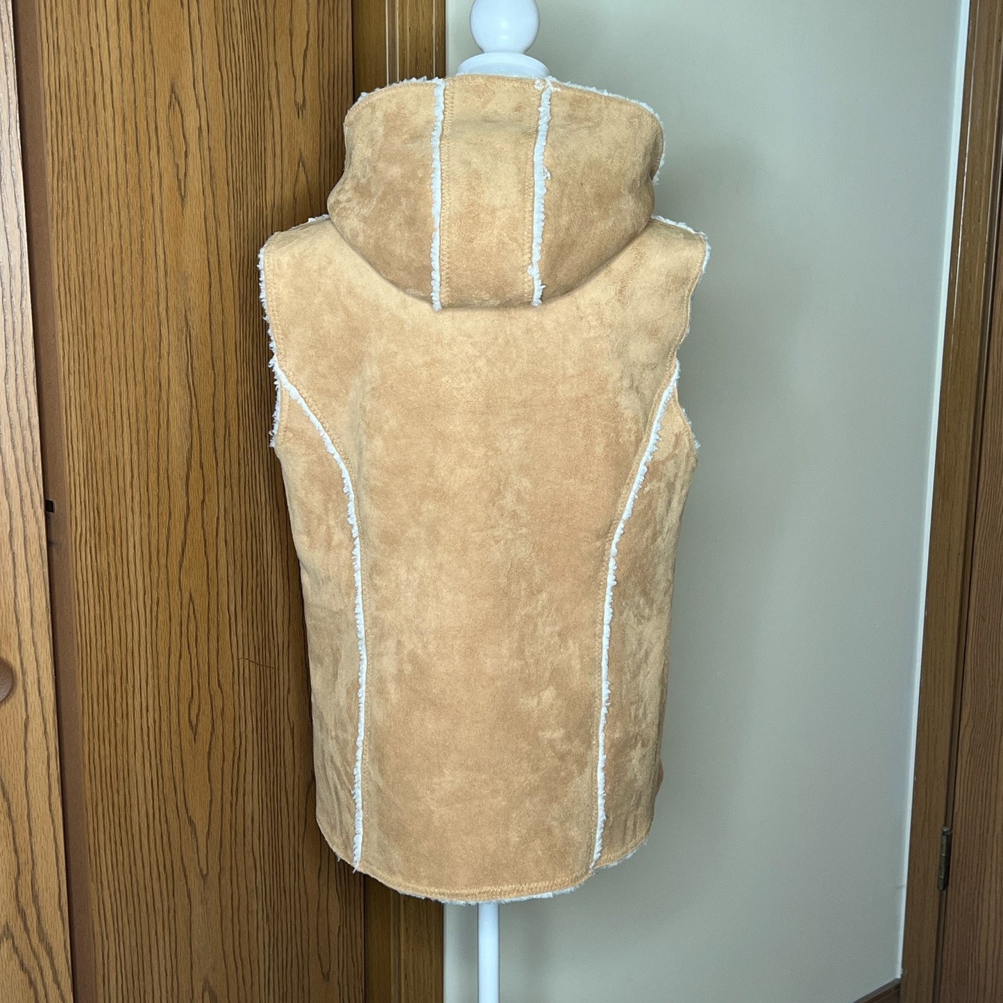 Vintage Y2K Denim & Co Womens Faux Suede Sherpa Vest Size S Camel Brown Hooded Boho Western