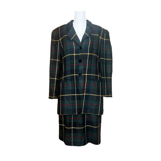 Vintage 90s Jones New York Womens 100% Wool Blazer & Skirt 2 Piece Suit Set Size 10 Green Plaid Velvet Collar Buttons Classic Academia Professor Formal