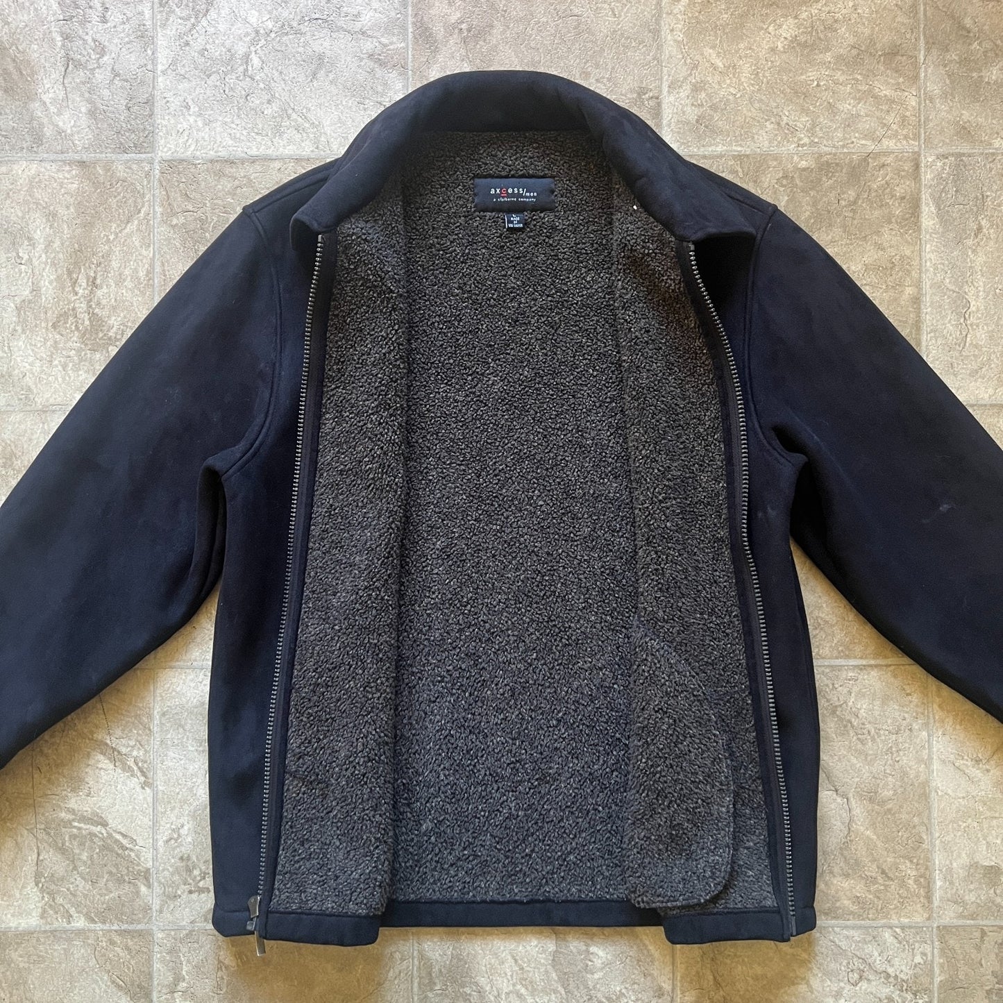 Vintage Axcess Mens Faux Suede Leather Jacket Size L Black Sherpa Lined Full Zip Goth Grunge Classic