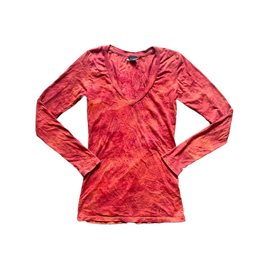 Vintage Y2K Cruel Womens Tie Dye Long Sleeve Top Size S Red Orange V-Neck