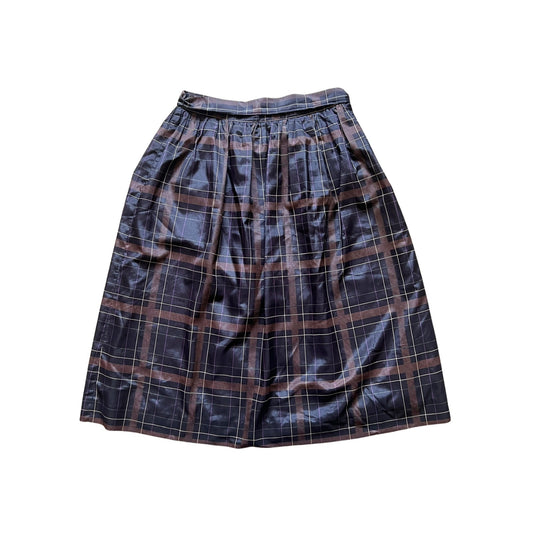 Vintage 90s Breckenridge Womens Plaid Midi Skirt Black Brown Pleated Tie Dark Academia
