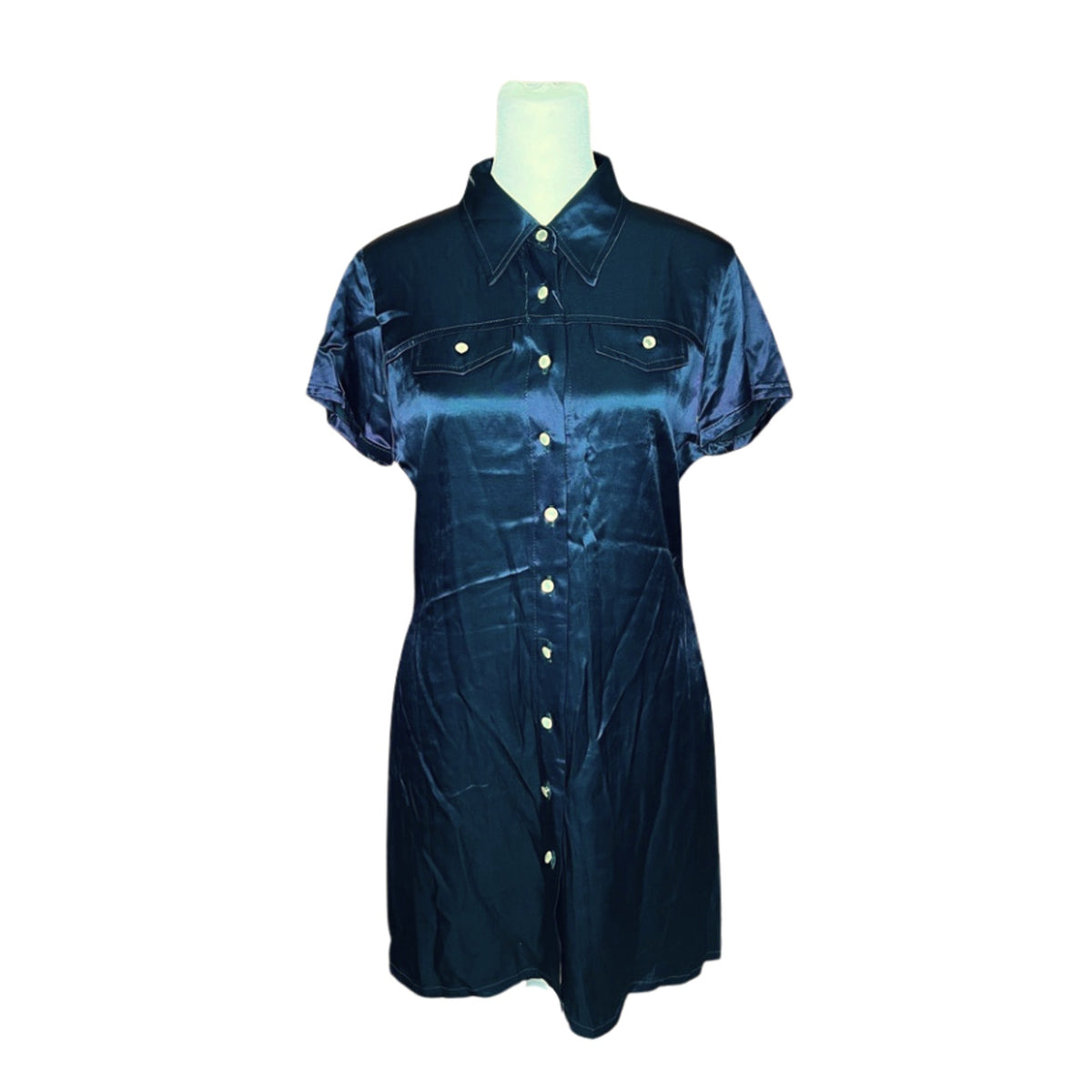 Vtg Y2K Byer Too Dress Navy Satin Shiny Pearl Buttons Office Siren Indie Grunge