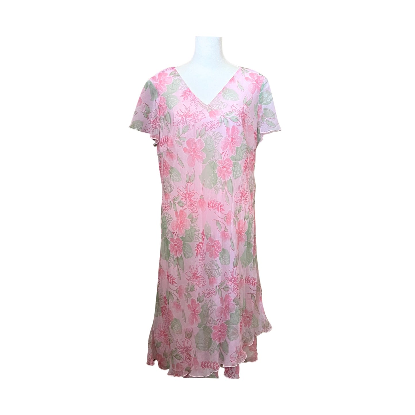 Vtg 90s Fashion Bug Midi Dress 16W Pink Floral Ruffled Feminine Romantic Soft Girl