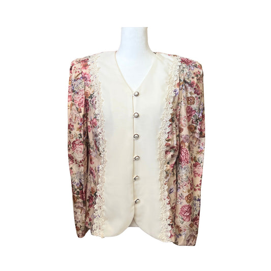Vtg 80s Torino Fashion Floral Blazer Size 14P Lace Cottagecore Romantic Feminine