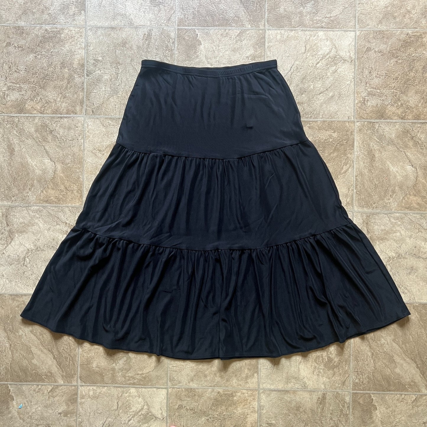 Vtg Y2K Briggs Black Maxi Skirt M Tiered Stretchy Witchy Whimsigoth Fairy Goth