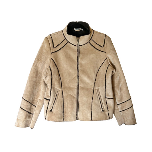 Vintage Y2K Population Womens Faux Suede Jacket Size L Tan Brown Sherpa Lining Full Zip Western Indie