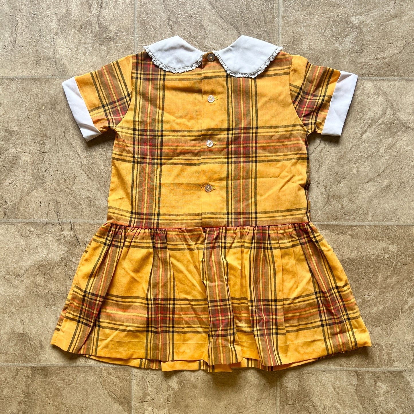 Vtg 60s Girls Tartan Plaid Dress Drop Waist Tie Big Collar Preppy Academia Twee
