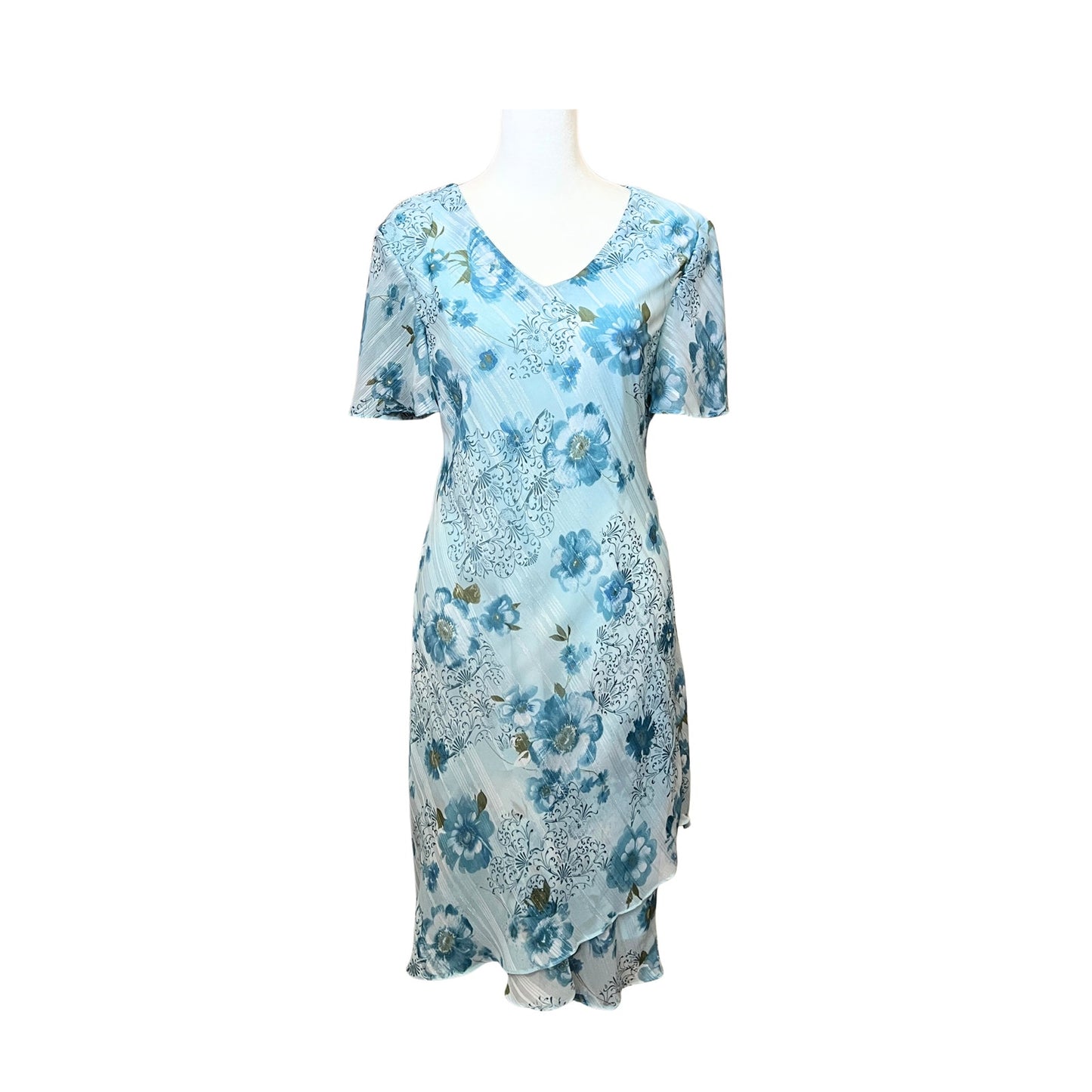 Vtg 90s R&M Richards Midi Dress Size 12P Blue Floral Fairy Whimsical Romantic