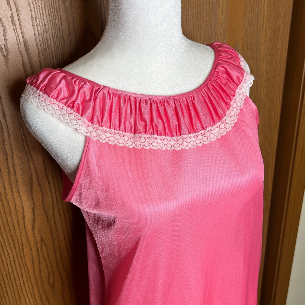 Vtg 60s Pink Slip Dress M Satin Ruffled Lace Collar Coquette Soft Girl Feminine