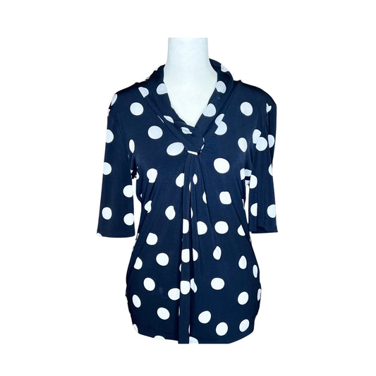 Premise Studio Polka Dot Top M Navy Ruched Slinky Twee Preppy Nautical Classic