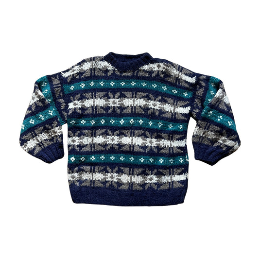 Vintage World Class Inc Handmade Chunky Wool Sweater Navy Multi-color Thick Fair Isle Scandinavian Winter Outdoor Made in Ecuador