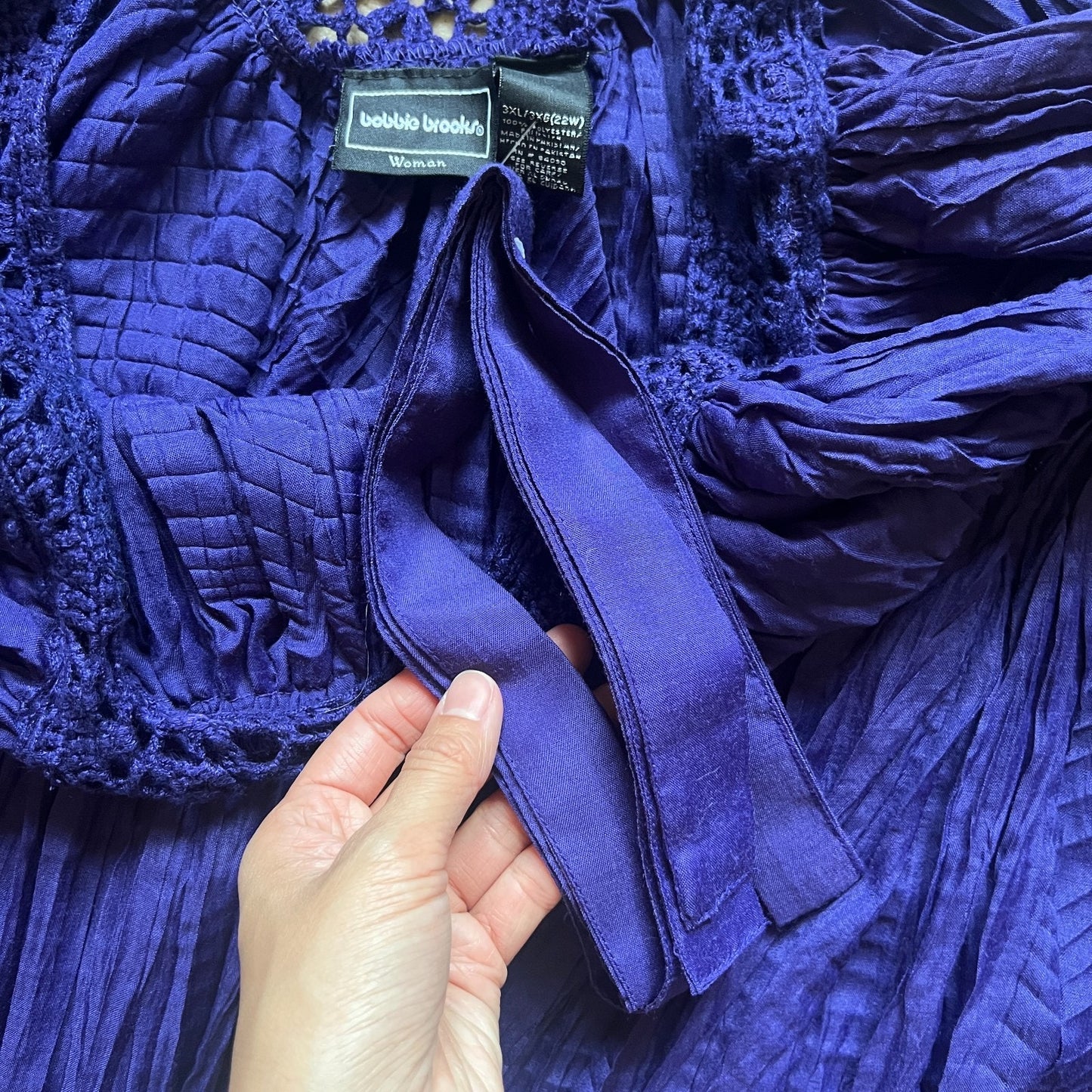 Vintage Bobbie Brooks Maxi Dress 3XL 22W Indigo Purple Crochet Neckline Crinkle Flowy