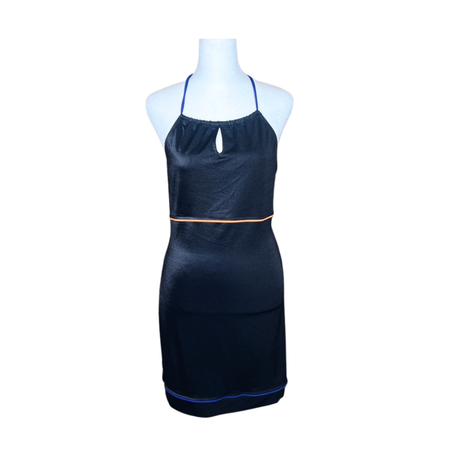 Vtg Y2K Hot Kiss Halter Dress M Black Neon Trim Sporty Athletic Rave Clubbing