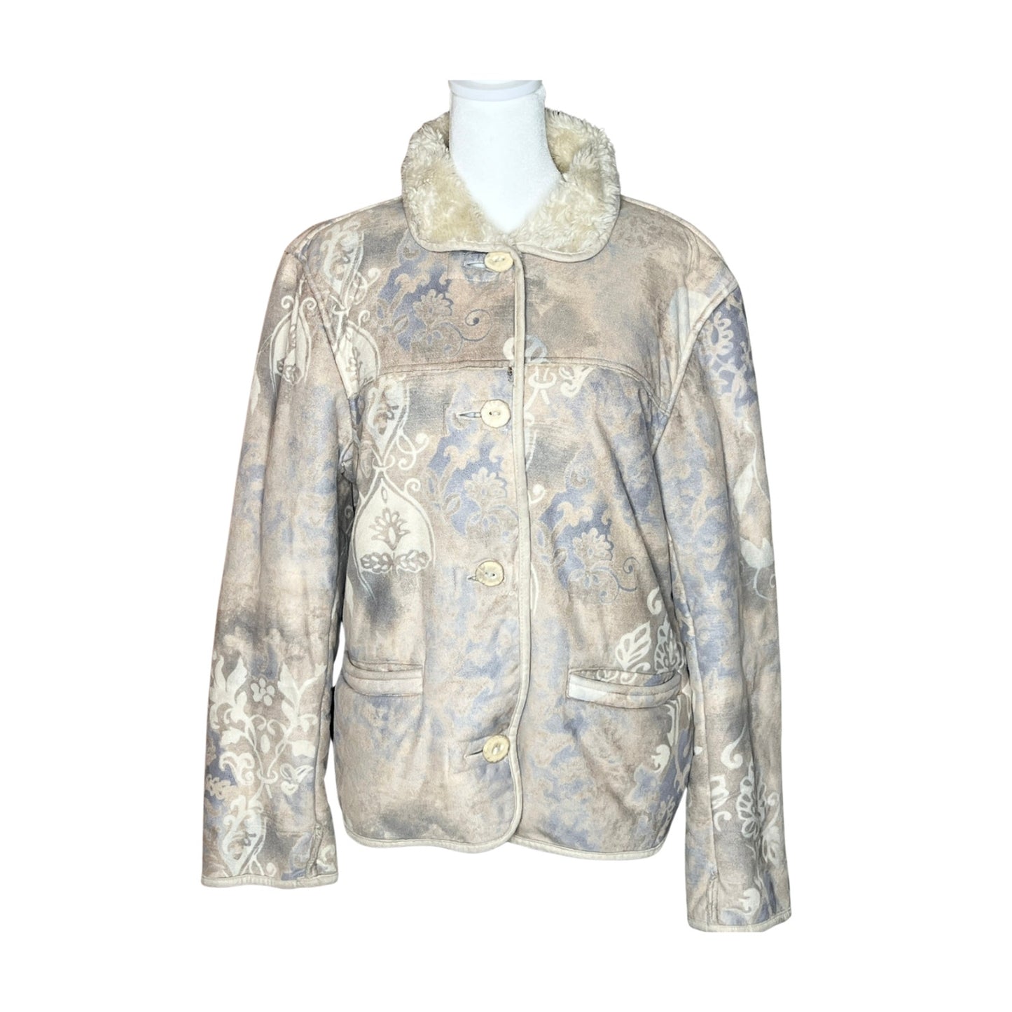 Vintage Y2K Turtle Fur Womens Faux Suede Jacket Size S Cream Sherpa Lined Abstract Artsy Boho Hippie Scandi