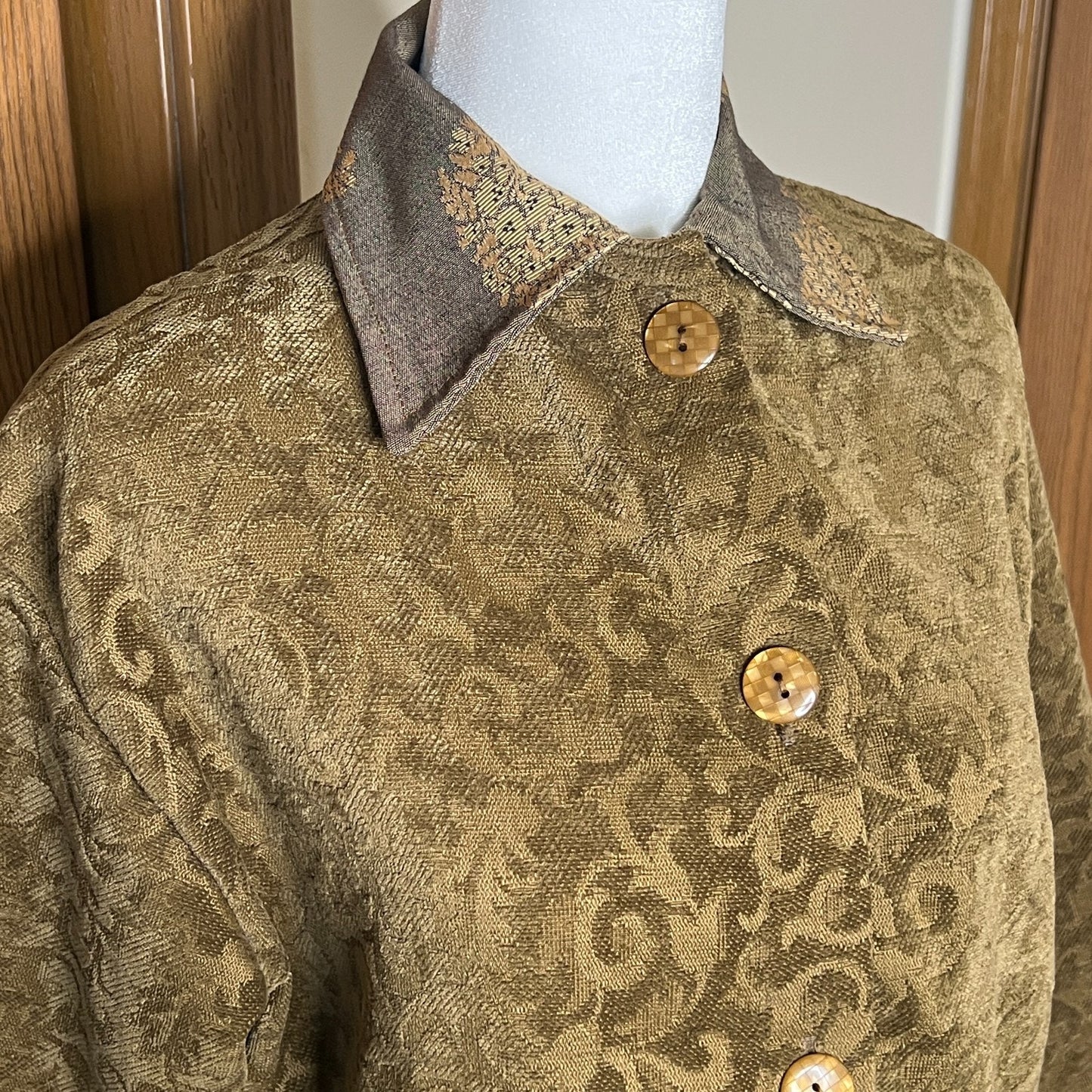 Odile Anthropologie Womens Tapestry Jacquard Jacket Size S Khaki Green Gold Vintage Inspired Artsy Eclectic Avant Garde