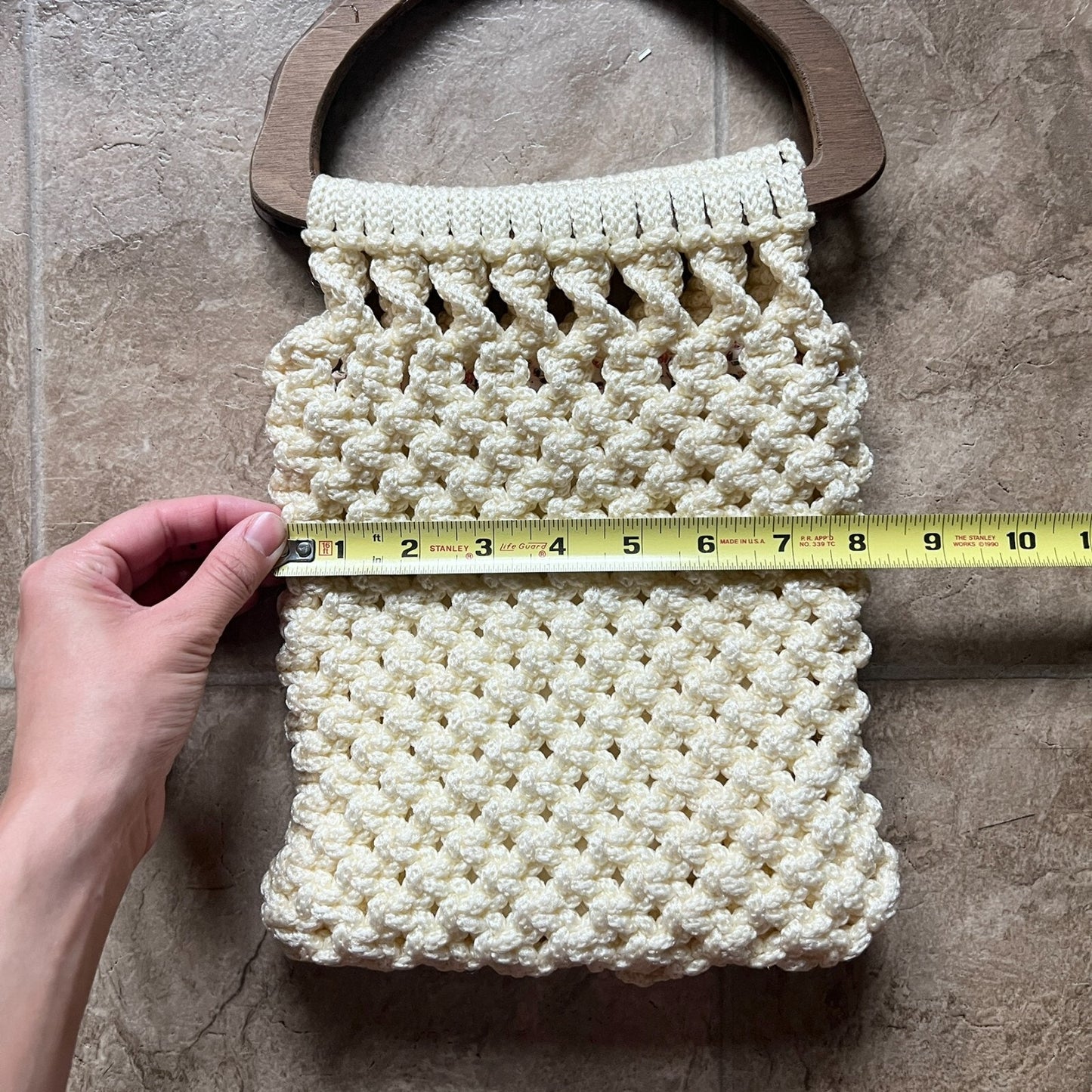 Vintage Macrame Wooden Handle Bag Crochet Cream Floral Lining