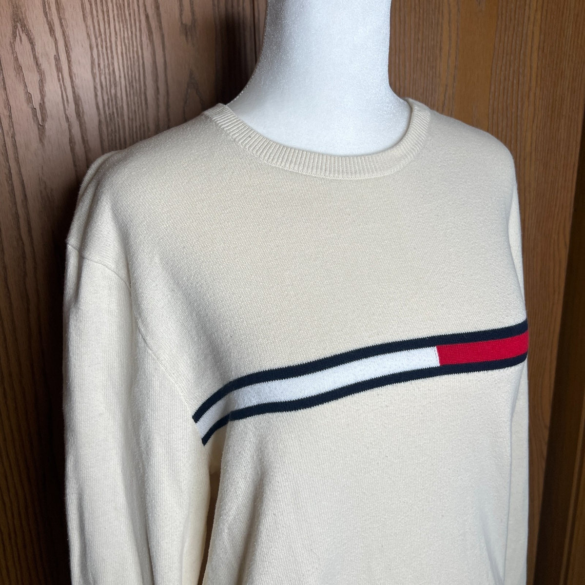 Tommy Hilfiger Sweater S Cream Chest Stripe Preppy Classic Minimalist Academia