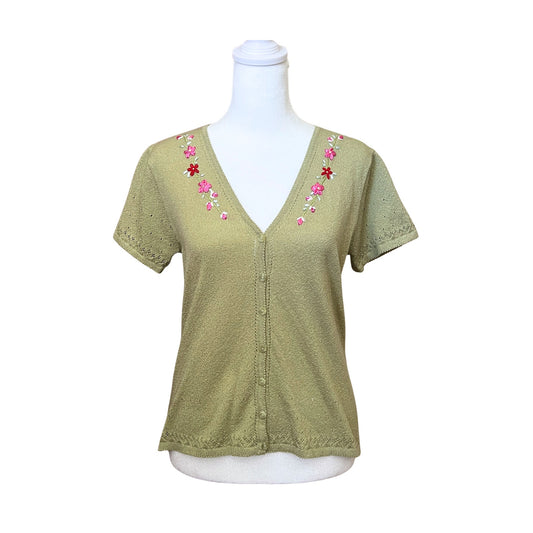 Vtg Liz Clairbone Knit Cardigan Size S Green Floral Embroidered Cottagecore Feminine