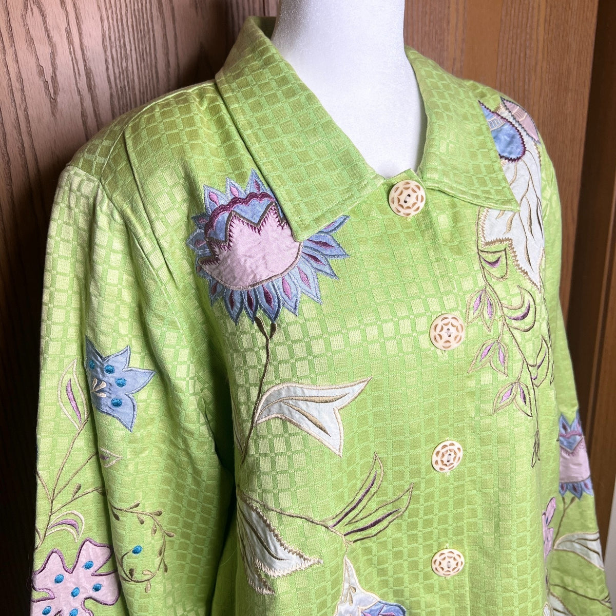 Vintage Embroidered Floral Jacket L Green Embroidered Art to Wear Whimsical Boho