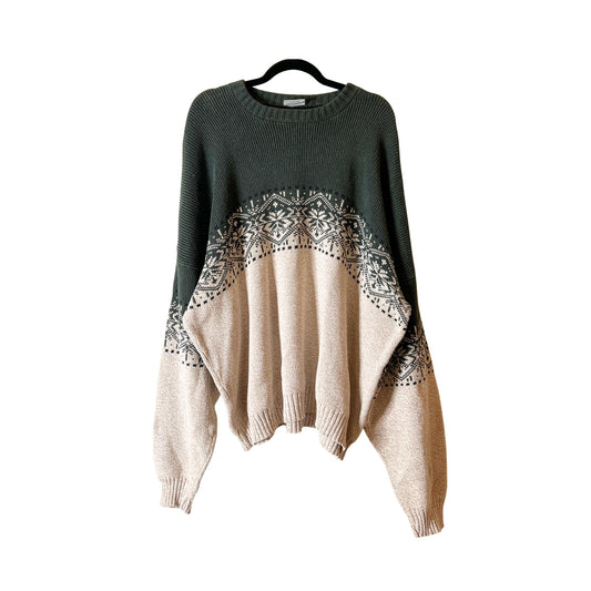 Vtg Alpine Ridge Rugged Wear Mens Sweater Fair Isle Green Oatmeal Holiday Christmas Cabincore