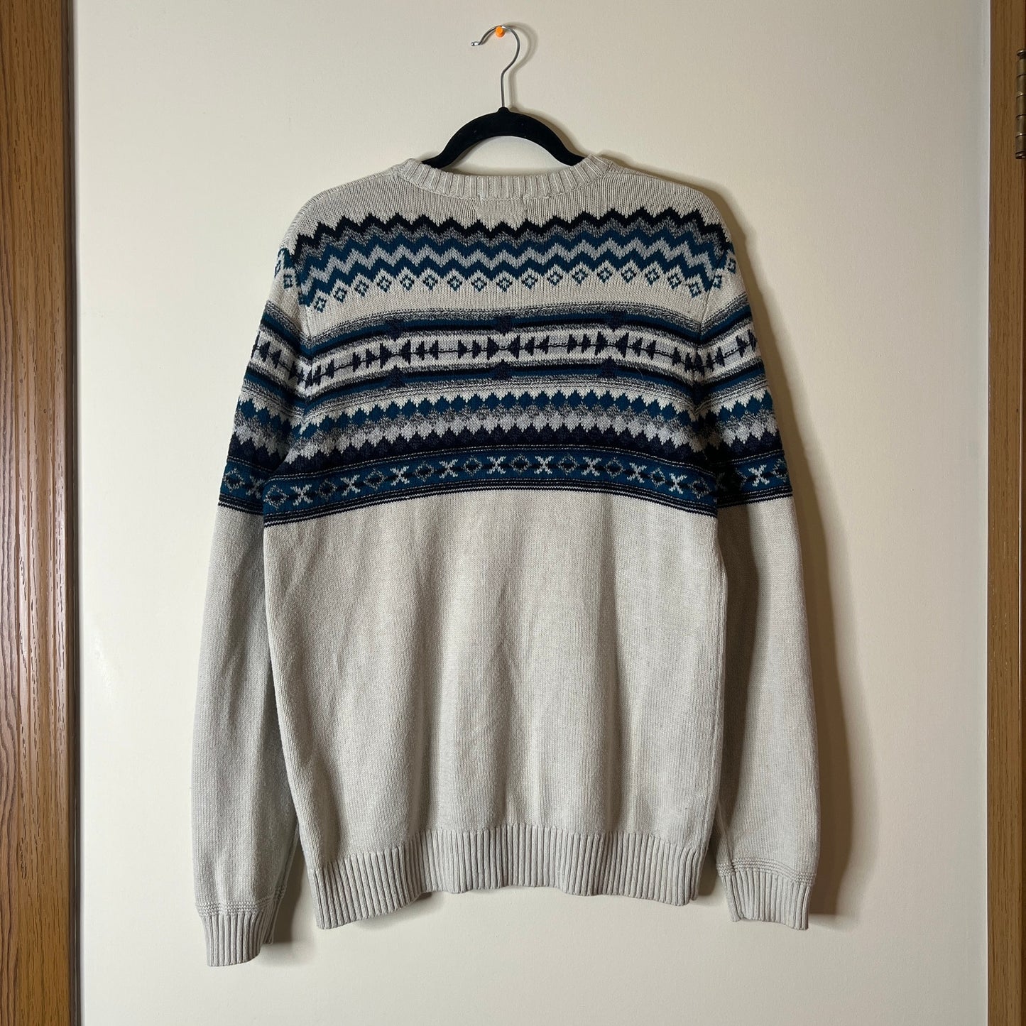 American Eagle Mens Sweater Size L Cream Gray Blue Fair Isle Nordic Holiday Winter Classic