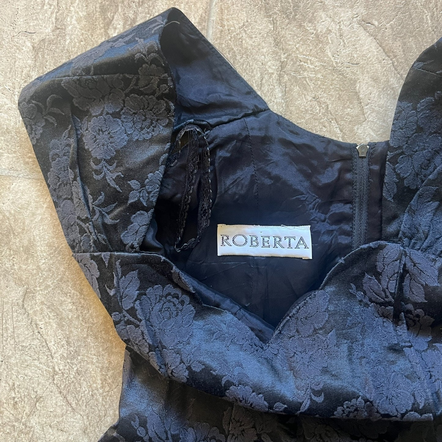 Vintage Roberta Womens Black Floral Jacquard Dress Fit & Flare Scalloped Neckline Tulle Lining Goth Romantic Feminine Whimsigoth Rockabilly