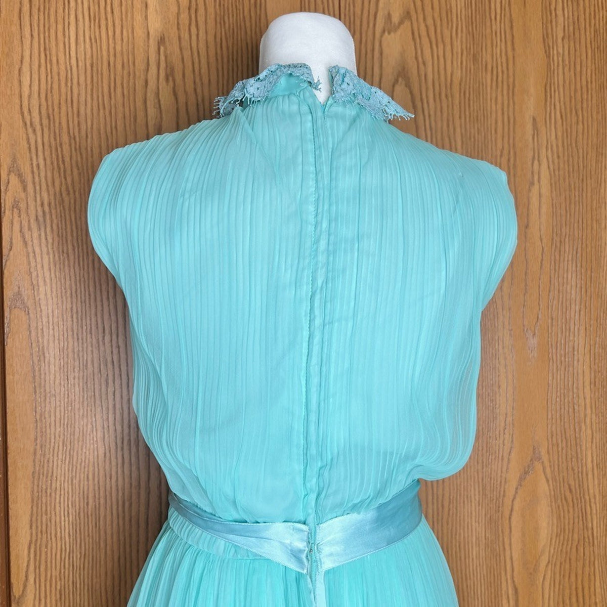 Vtg 60s Miss Eliette Maxi Gown 10 Seafoam Pleated Formal Bridesmaid Goddess Prom