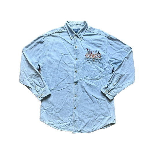 Vintage 90s Womens Embroidered Cat Denim Shirt Size M Crazy Cat Lady Cottagecore Teacher
