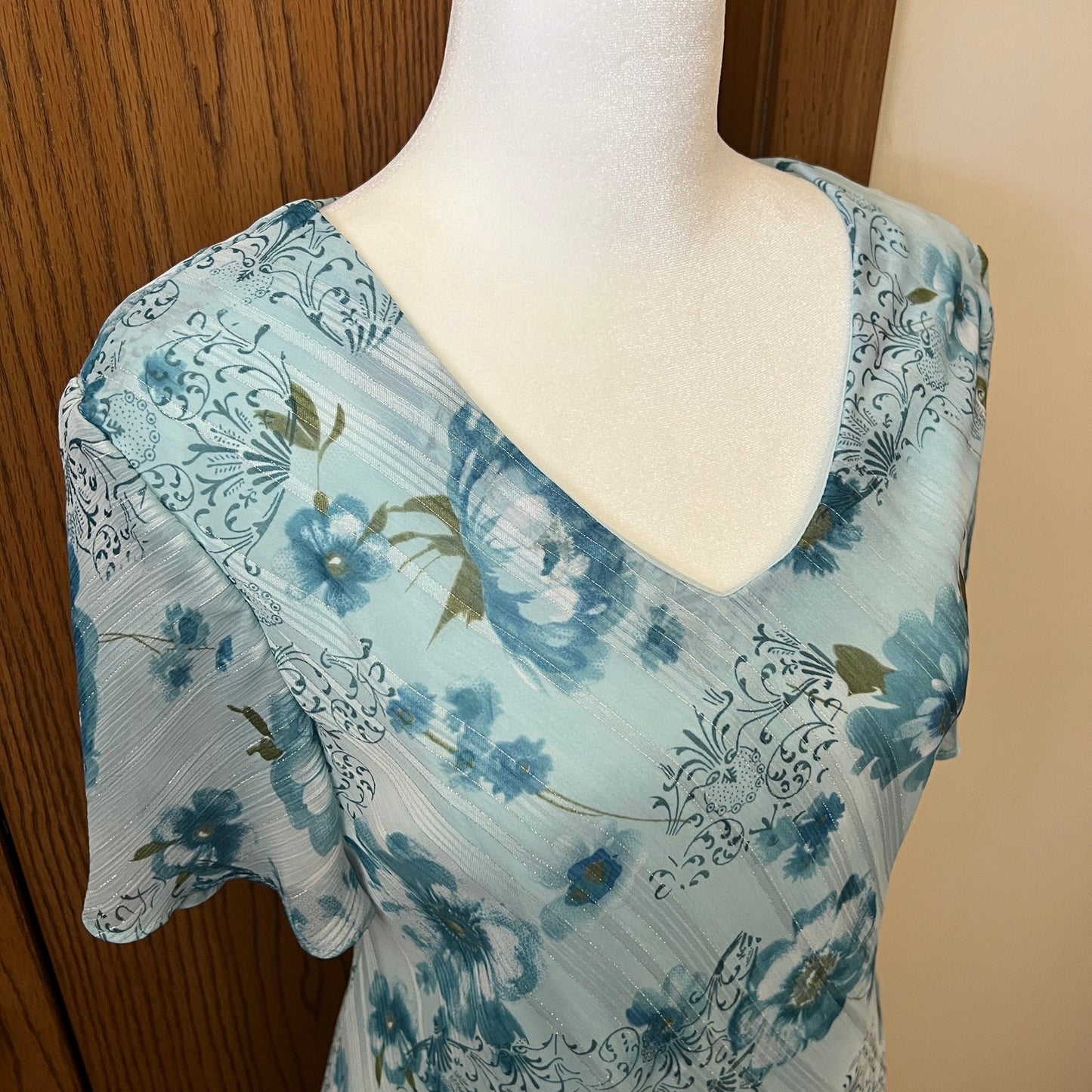 Vtg 90s R&M Richards Midi Dress Size 12P Blue Floral Fairy Whimsical Romantic