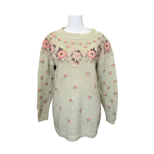 Vtg 90s Chunky Knit Sweater Size M Green Pink Floral Embroidered Cottagecore Whimsical