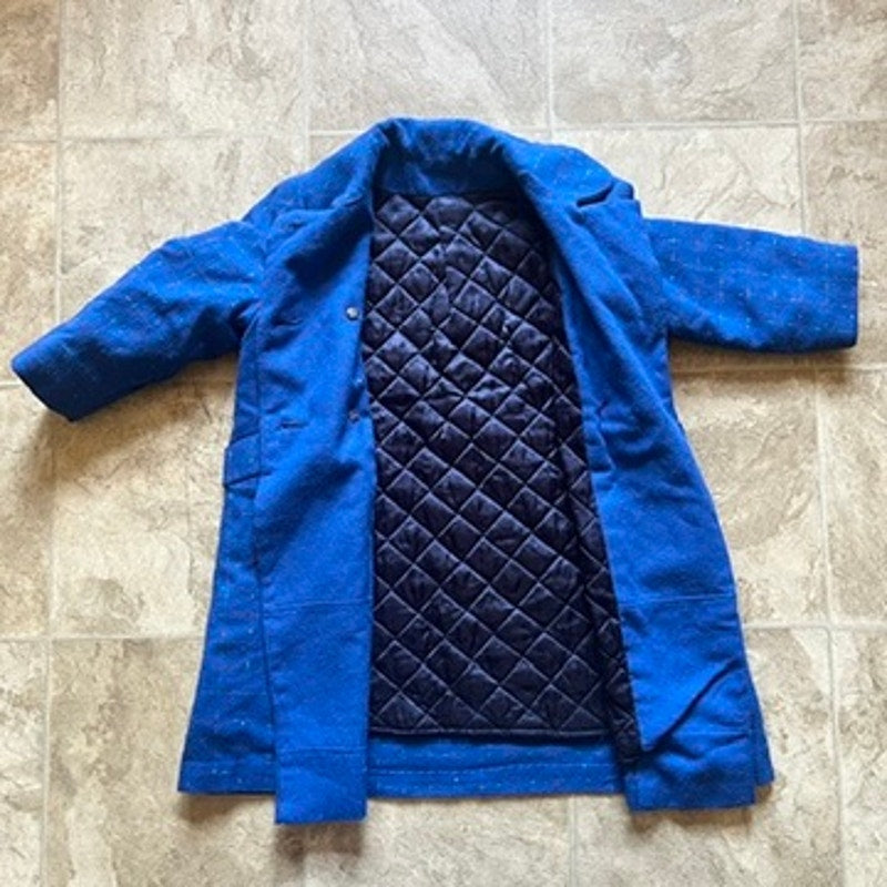 Vintage Girls Pea Coat Royal Blue Checkered Tweed Classic Preppy Academia Winter Holiday