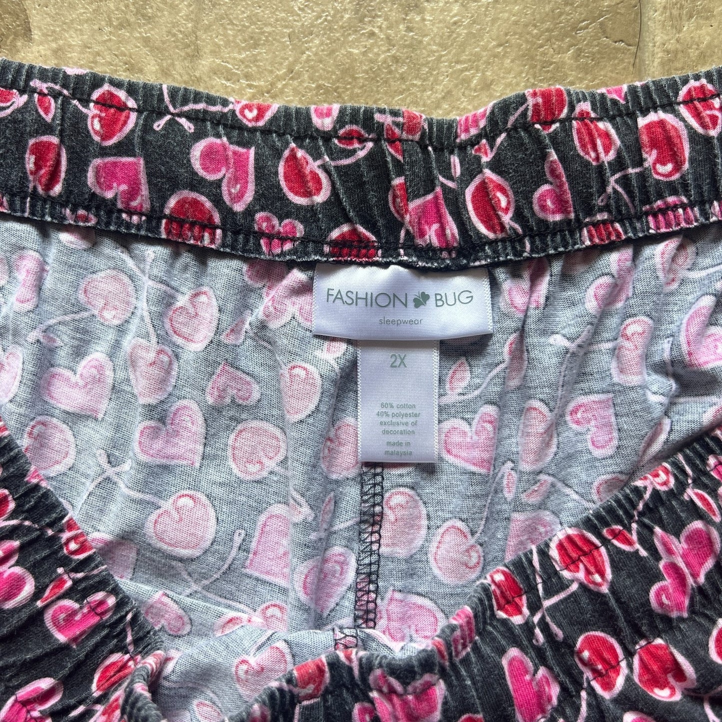 Vtg Y2K Fashion Bug Pajama Pants 2X Cherry Heart Print Girly Romantic Sleepover