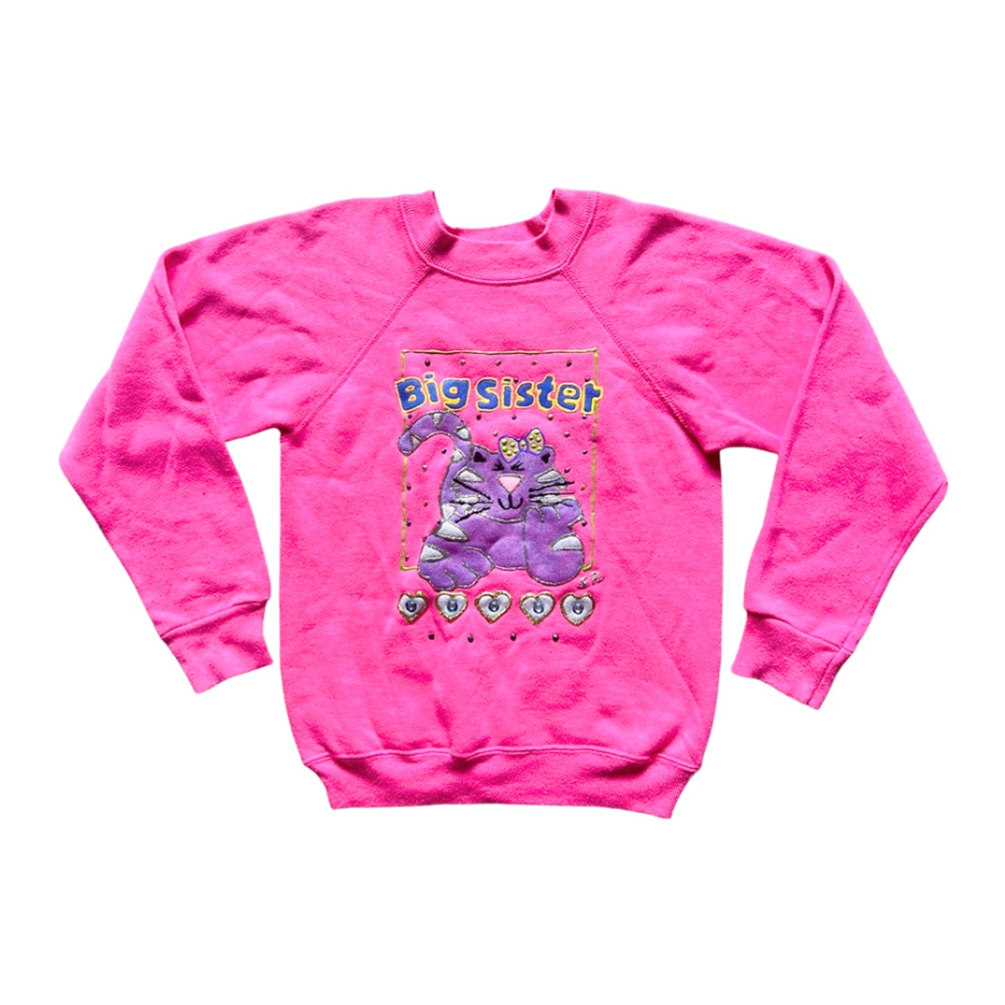 Vtg 90s Hanes Girls Big Sister Cat Sweatshirt M Pink Puffy Paint Cute Nostalgic