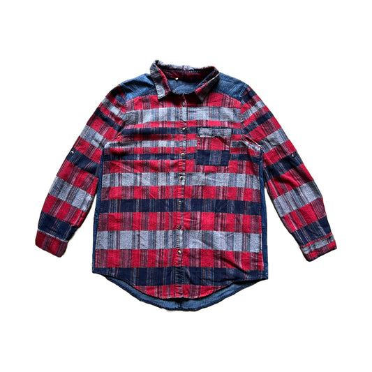 Womens Denim Flannel Shirt Red Blue Plaid Cabincore Camping Autumn