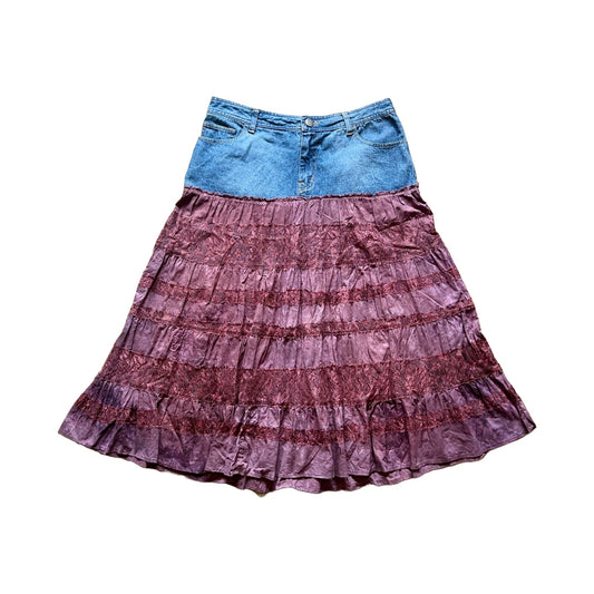 Vintage 90s Bill Blass Womens Denim Maxi Skirt Size 10 Burgundy Lace