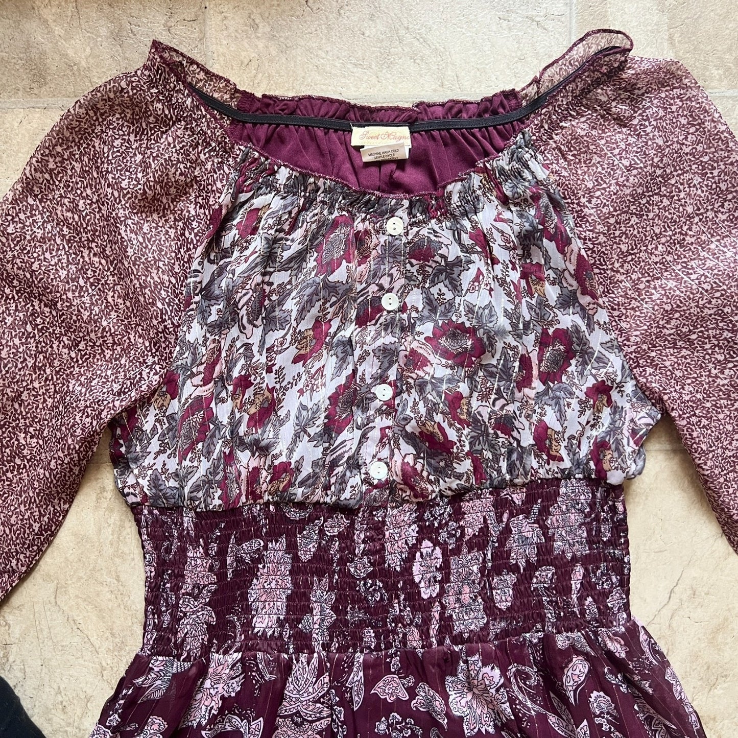 Sweet Magna Womens Maxi Dress Burgundy Purple Paisley Mixed Pattern Smocked