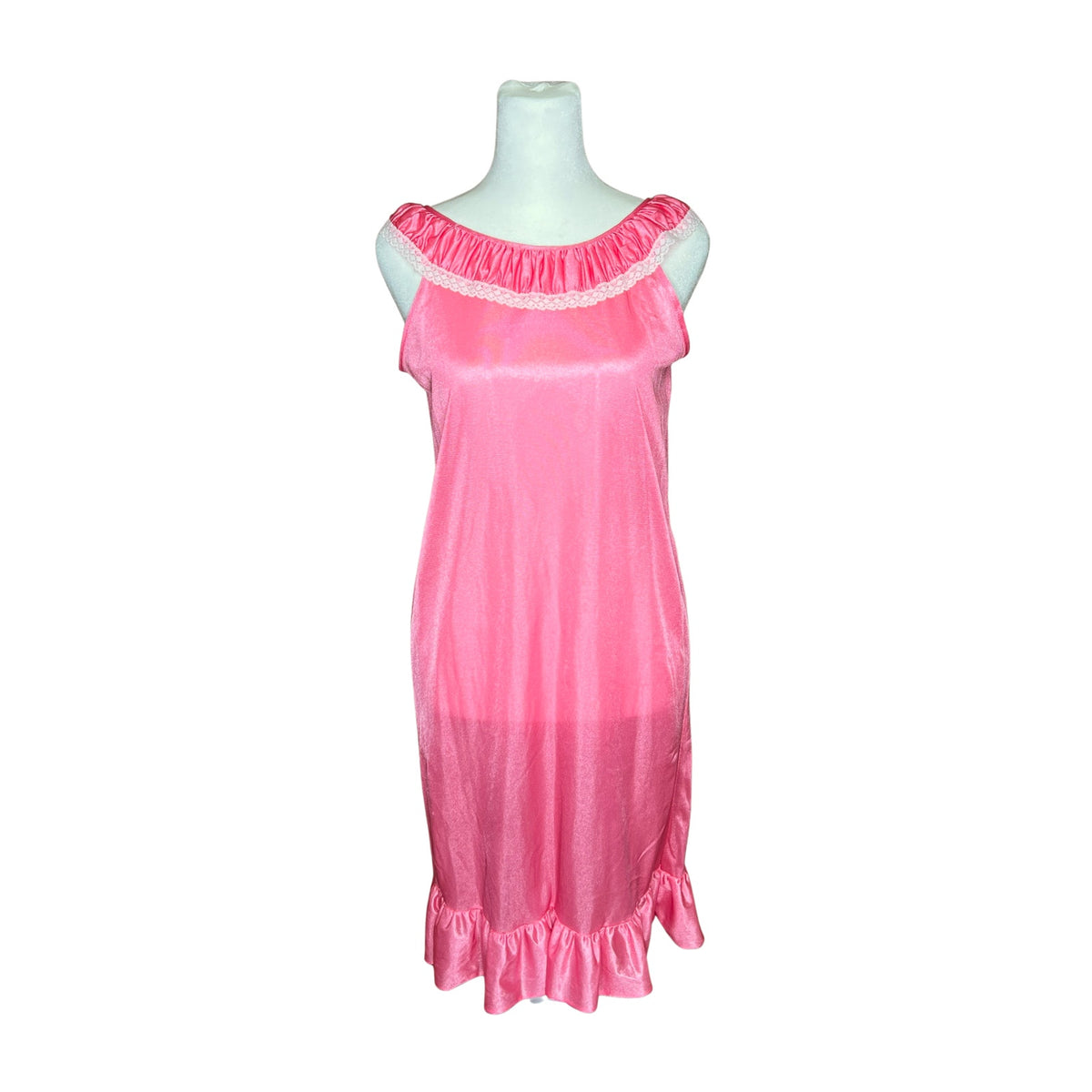Vtg 60s Pink Slip Dress M Satin Ruffled Lace Collar Coquette Soft Girl Feminine