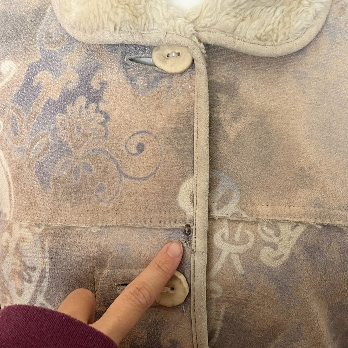 Vintage Y2K Turtle Fur Womens Faux Suede Jacket Size S Cream Sherpa Lined Abstract Artsy Boho Hippie Scandi