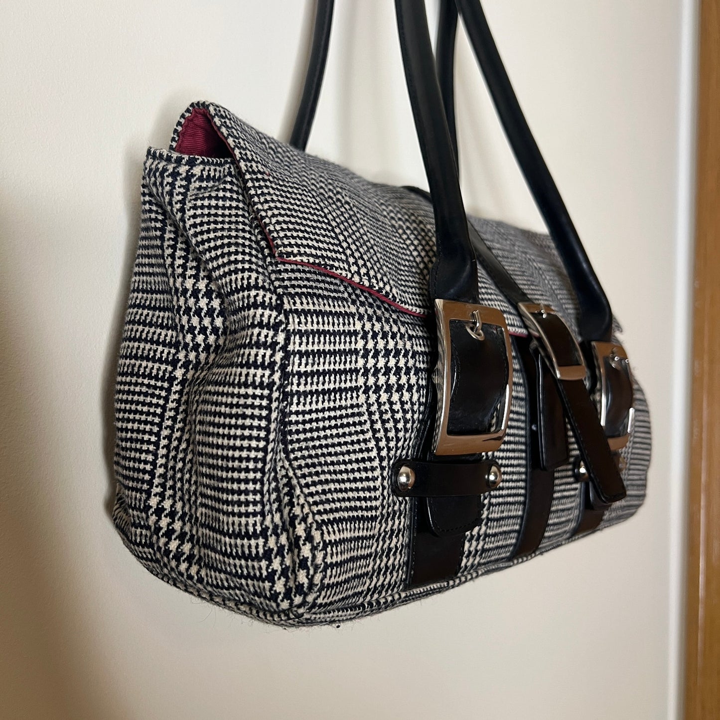 Vtg Y2K Wilson's Leather Baguette Shoulder Bag Plaid Red Lining Classic Office Minimalist