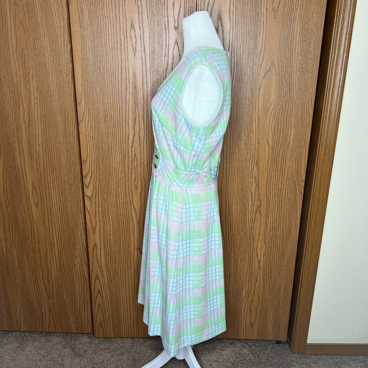 Vtg 70s Kay Windsor Dress Pastel Plaid Faux Wrap Mod Preppy Whimsical Candycore
