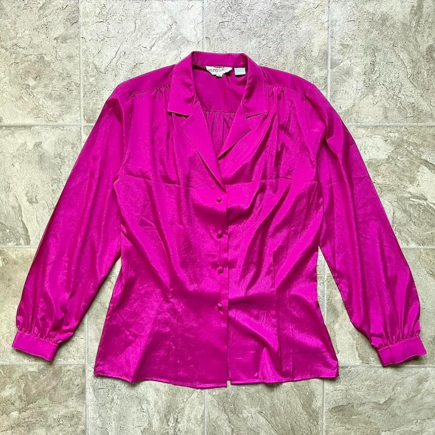 Vtg 80s Macy's Womens Blouse 10 Fuschia Pink Shiny Formal Party Secretary Office
