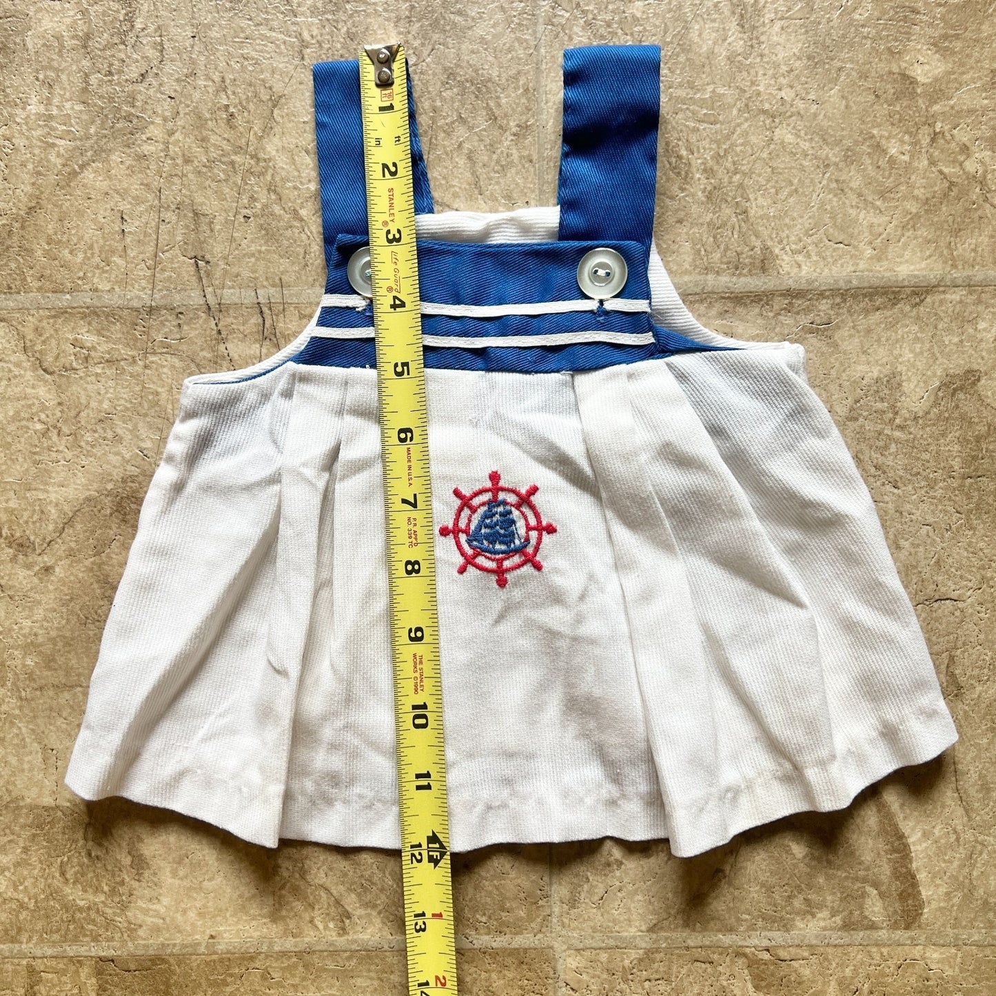 Vtg 80s Baby Sailor Nautical Pinafore Dress Embroidered Beachy Coastal Americana