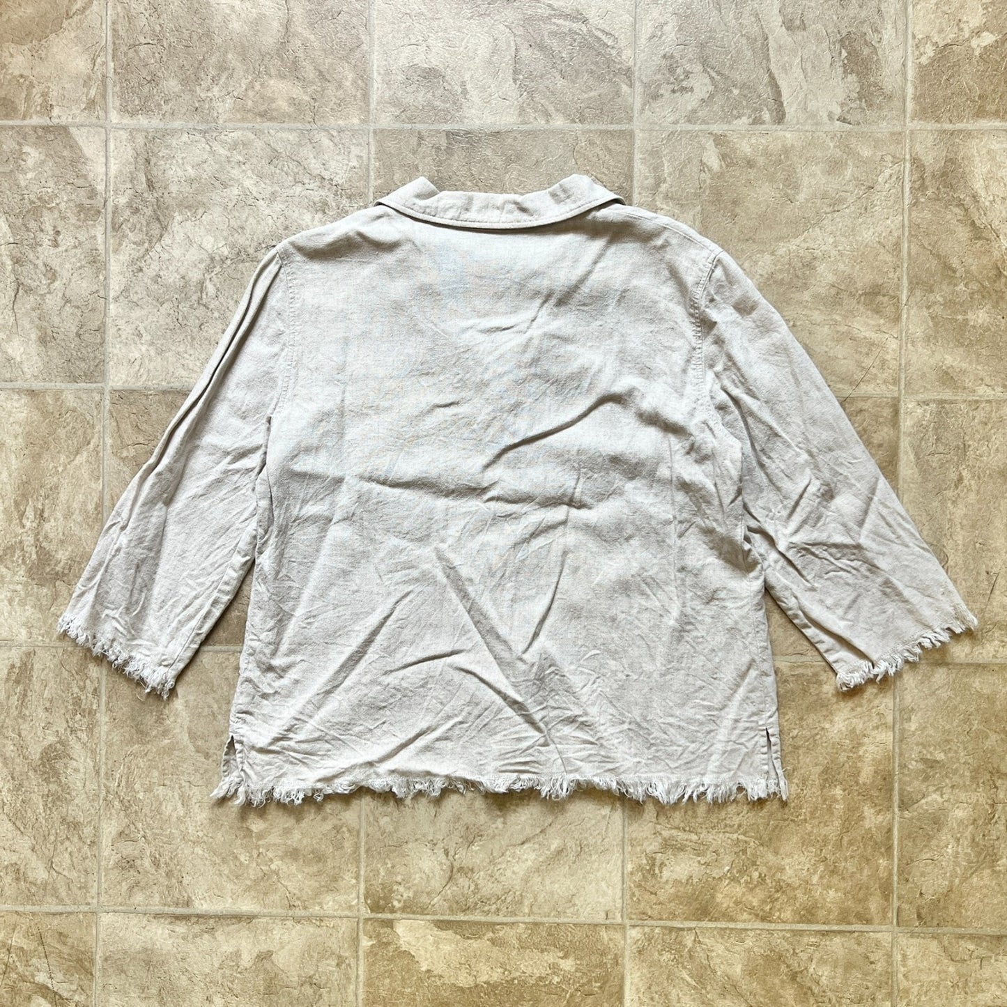 Vtg 90s Womens Linen Blend Top Beige Beaded Fringe Hem Cottage Hippie Indie Boho