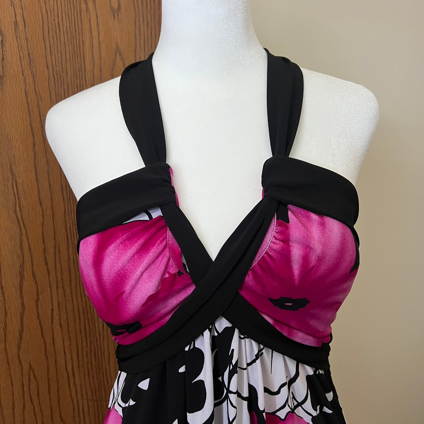 Vtg Y2K Babydoll Halter Dress Size S Black Pink Floral Slinky Feminine Fairy Resort